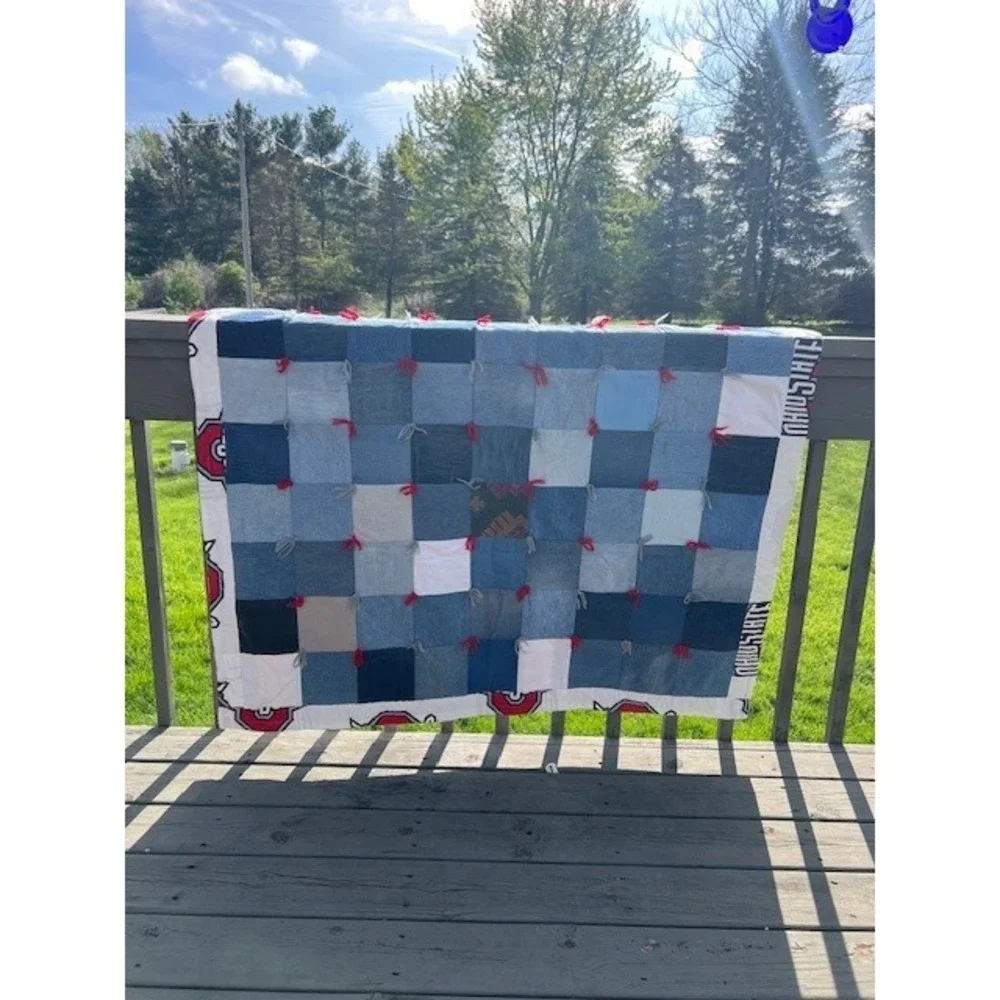 Handmade Ohio State Buckeyes Reversible Denim Patchwork Quilt Tied Throw Blanket
